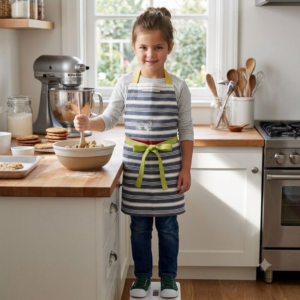 Williams Sonoma Kids Apron Striped Rare Gray Yellow Green Red NWT